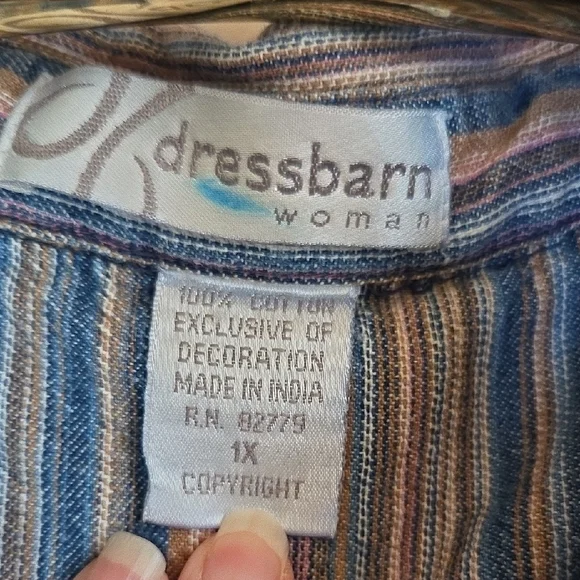 Dressbarn Blue Multi-Color Striped Cotton Button Up Shirt Sz 1X - Picture 2 of 11